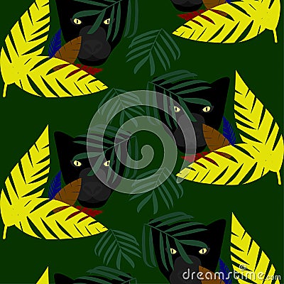 Panthera and colorful leaves pattern on green background Vector Illustration